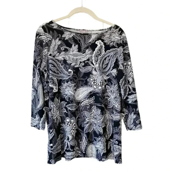 J. Jill Black White Floral Paisley Top Small Wearever Collection Stretch Casual - Picture 1 of 8